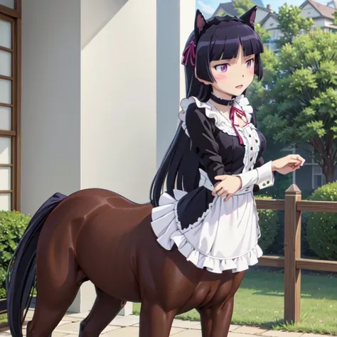 ((centaur)), (ruri gokou), woman, alone, Hime cut, Long Hair, Maid clothes, Cat ear, stockings, Black Tail, apronスカート, Long skirt, stockings, apron, Frills, ribbon, collar, cuffs, hoof, palace、garden、blue sky、