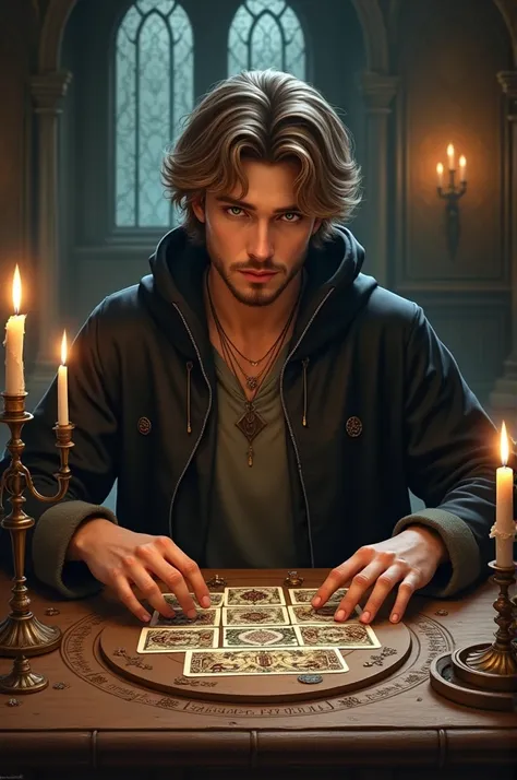 Create a young wizard who is around 20 years old, with light brown wavy hair that is not too long, green eyes and fair skin, he has a short beard, he wears a black cloak and is at a table playing tarot 