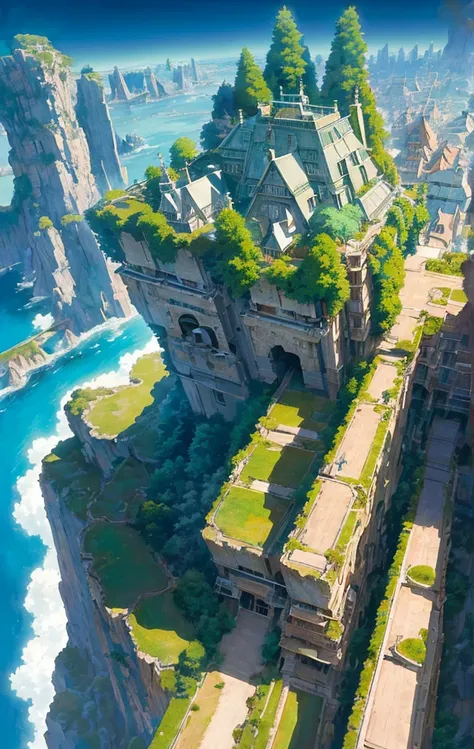 ((anime style ghibli)), ((photorealistic)), extremely detailed, an aerial view from the top of a skyscraper in a dense, futurist...