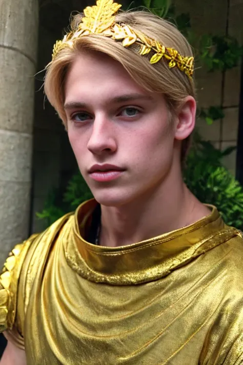 portrait of a handsome young man, roman emperor, blond hair, wearing roman emperor clothes, handsome boy, magnanimous, power, ru...