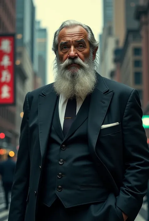 a portrait of an old man wearing a suit, upperbody, standing in a city background, (mwvector), vector, thick mustache, long beard, 8k, high quality, photorealistic, detailed wrinkles, detailed facial features, detailed texture, cinematic lighting, dramatic...