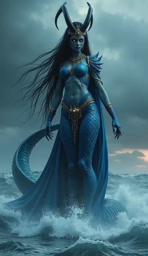 A majestic and terrifying goddess with the upper body of a beautiful woman and the lower body of a colossal serpent. Her skin is a deep, iridescent blue, with intricate scales running from her waist down to her enormous tail. Her long, flowing black hair c...