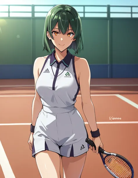 (masterpiece, best quality, ultra-detailed, high resolution, detailed eyes), human, ((1girls)), medium hair, orange eyes, dark green hair, medium breasts, white tennis uniform, 1m77, ((Takeda Hiromitsu)), play tennis, smile, tennis court,