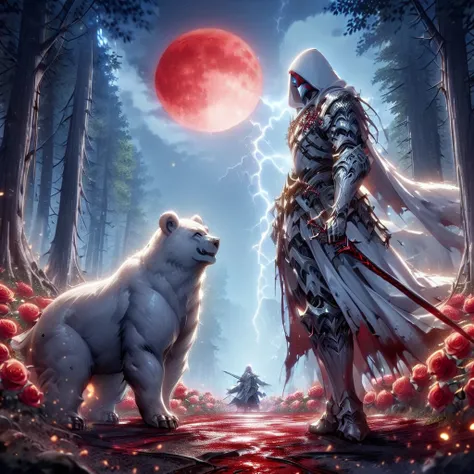 dynamic picture where a man with a white hood with bear ears and a katana sits riding a big polar bear in a forest while the blo...