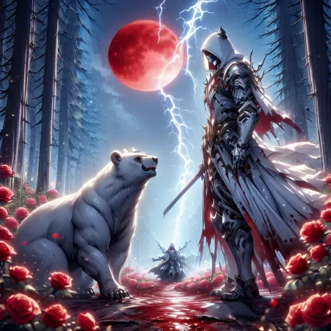 dynamic picture where a man with a white hood with bear ears and a katana sits riding a big polar bear in a forest while the blo...