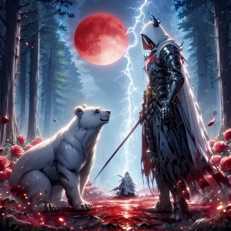 dynamic picture where a man with a white hood with bear ears and a katana sits riding a big polar bear in a forest while the blo...