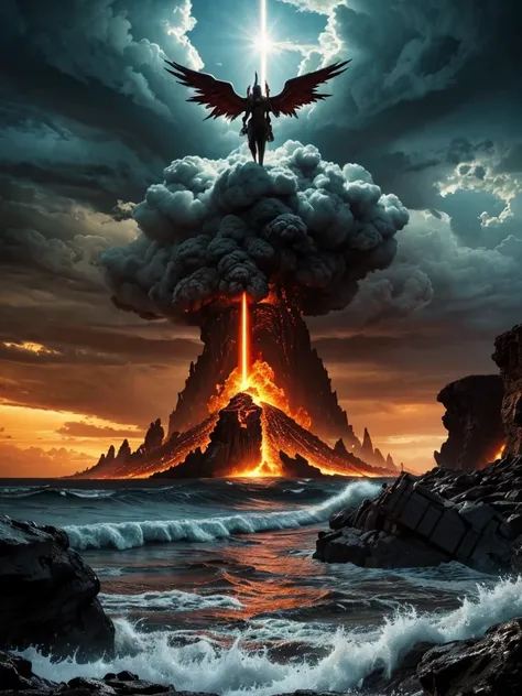 A highly detailed, cinematic depiction of the Biblical Apocalypse. The scene is set in a vast, darkened landscape with a fiery, storm-filled sky. The ground is cracked and barren, with deep chasms glowing with molten lava. Massive angelic figures, towering...