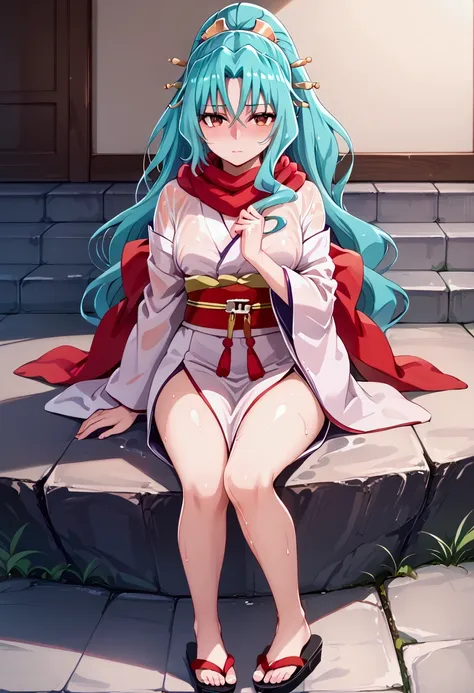 TOMOE (RED SCARF, KIMONO (PINK OR GREEN), RED EYES, AQUA HAIR (IF NECESSARY NOT OFTEN REQUIRED)), blush, Shy, seductive pose wet with sweat, sit, seductive face, full body, Direct view