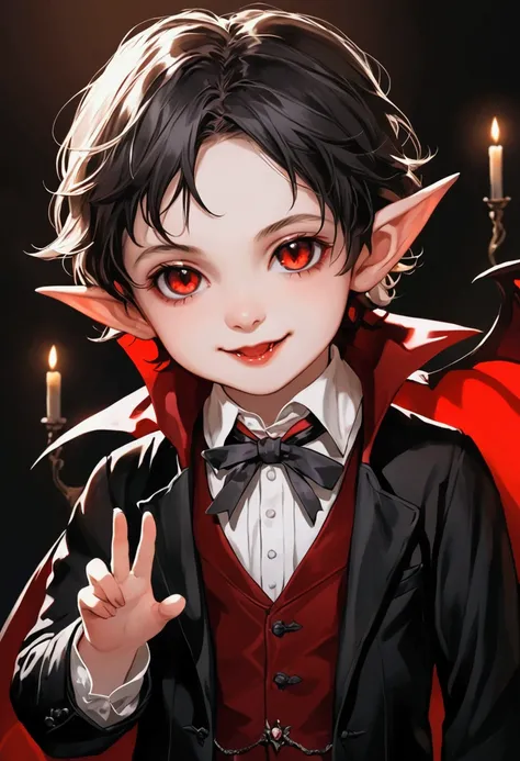 A vampire child, It&#39;s quite small, has a cute little smile, He looks very friendly