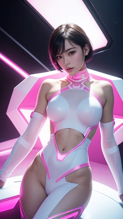 A beautiful attractive woman with short hair, full body portrait, in the style of Moebius, full of pink and white hexagons in the background, with a futuristic sci-fi aesthetic style, simple details, minimalism, black lines, clean pictures. The skin is whi...