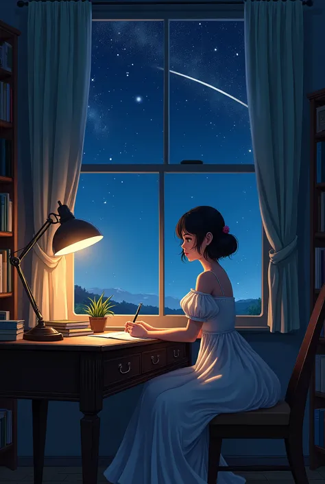 Beautiful girl sitting at a desk, night view, shooting star