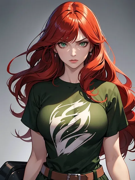 green eyes, red hair with long bangs. sadistic women, wavy long hair. strong woman.  she quiet. dominant woman. mafia. mature woman. girl boss. with bangs so long wavy red hair. boxing. wear pans and t shirt. background in town. she a spy