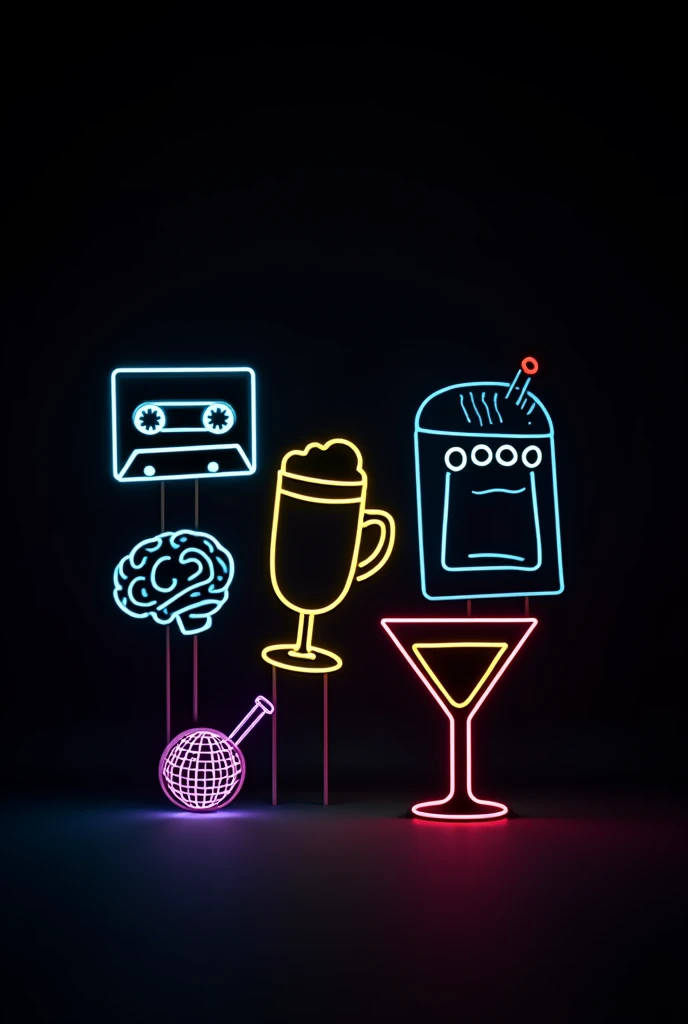 Create a very dark background with a few large, minimalist neon icons, including a brain, a cassette tape,  beer glasses, a cocktail glass,  a disco ball and more another party details. Use neon colors like yellow, blue, and pink for the icons. The design ...