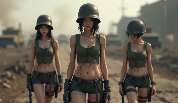 (best quality,4k,high resolution,ultra-detailed,photorealistic:1.37), girls left behind on the battlefield, Whole Body proportions and all limbs are expressed in anatomical precision, torn tanktop, underboob, ticker, studio lighting, professional, intense ...