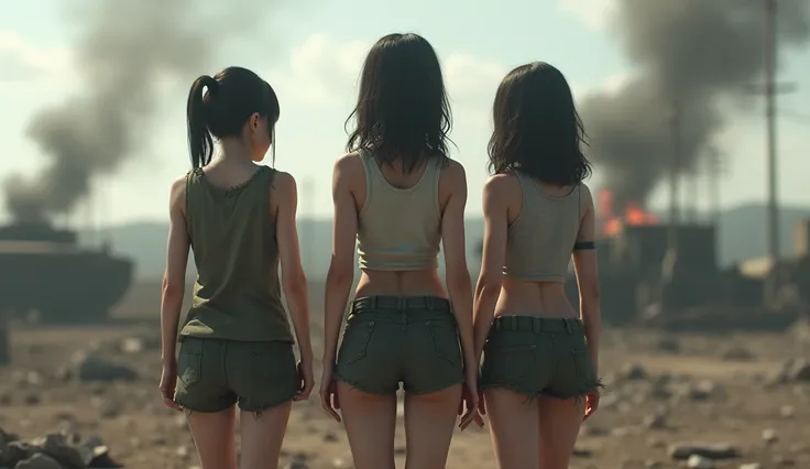 (best quality,4k,high resolution,ultra-detailed,photorealistic:1.37), girls left behind on the battlefield, whole body proportions and all limbs are expressed in anatomical precision, torn tanktop, underboob, ticker, studio lighting, professional, intense 