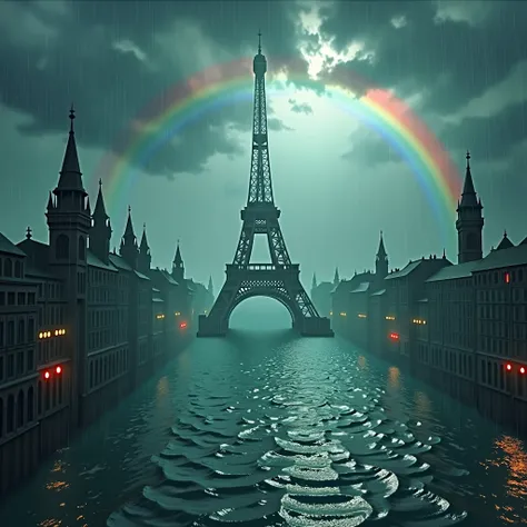 Paris underwater in pouring rain with rainbow 