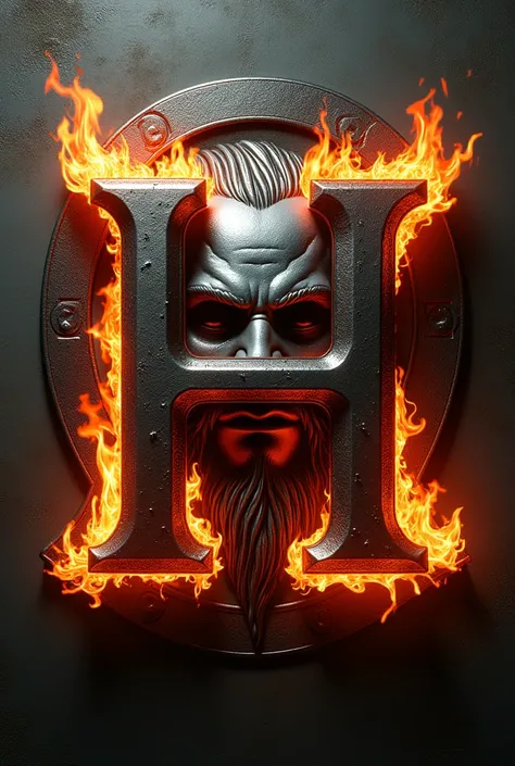 The letters H and K together with fire around them, with a metallic tone with a background image of the face of the god Hades 