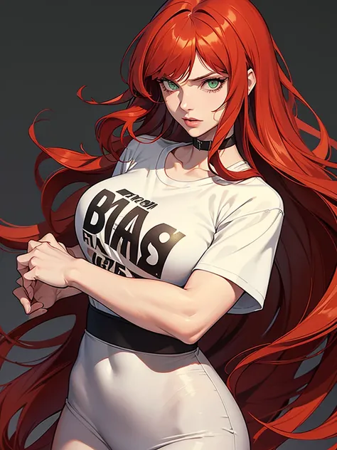 green eyes, red hair with long bangs. sadistic women, wavy long hair. strong woman.  she quiet. dominant woman. mafia. mature woman. girl boss. with bangs so long wavy red hair. boxing. wear pans and t shirt. background in town. she a spy