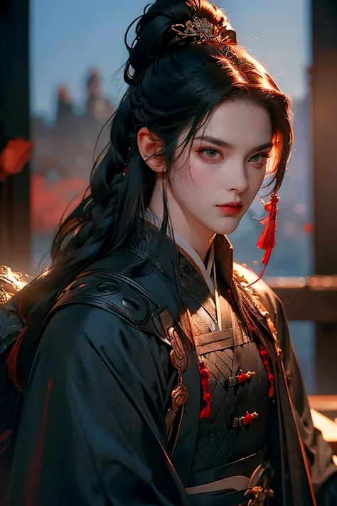 a man with long braided black hair trançado, black eyes, thoughtful pose, traditional Chinese clothing, (best quality,4k,8k,highres,masterpiece:1.2),ultra-detailed,(realistic,photorealistic,photo-realistic:1.37),intricate details, dramatic lighting, cinema...