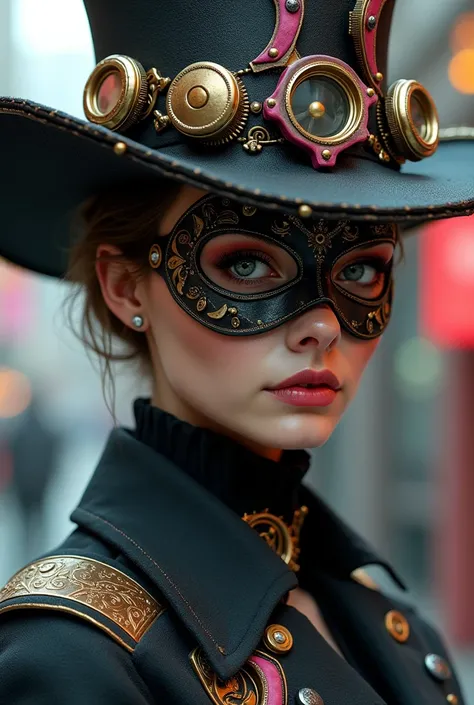 I want a character with a steampunk hat with a black and pink mask and a black collar 