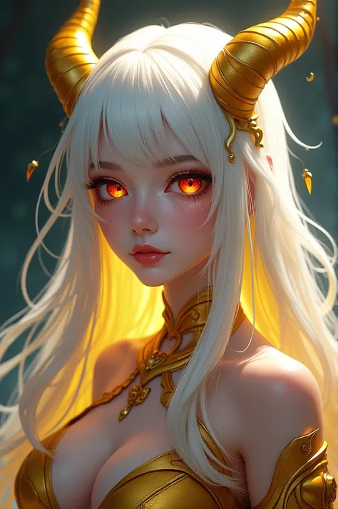 Woman, adult, long white hair with yellow tips, red eyes with yellow, gilded horns, アニメ