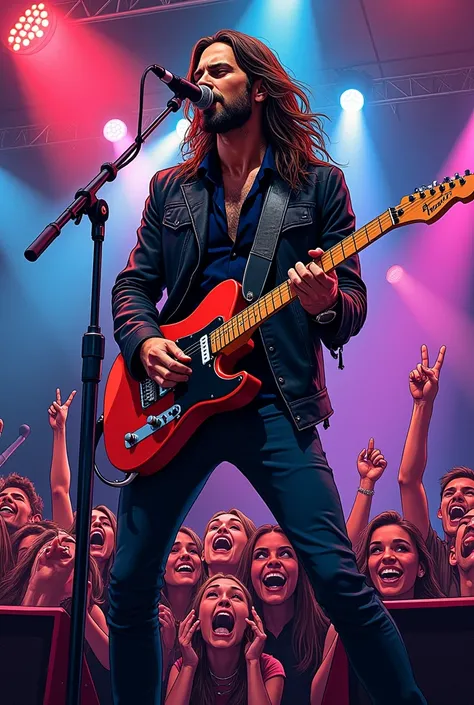 Jared Leto in rock concert singing with guitar comic version


