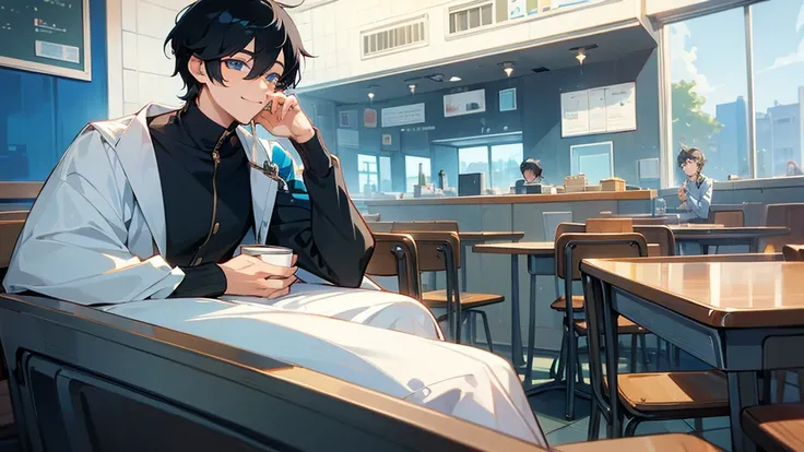 A very cool high school boy in a school uniform、smile、Drinking coffee at a cafe、Black Hair、Short Hair、Blue sparkling eyes、One person、solo、Retro anime style