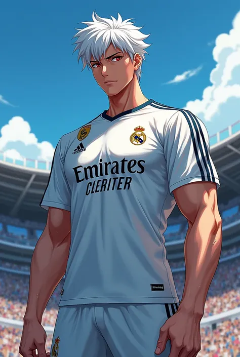 Create an anime character with white hair, Real Madrid shirt, red eyes and muscles