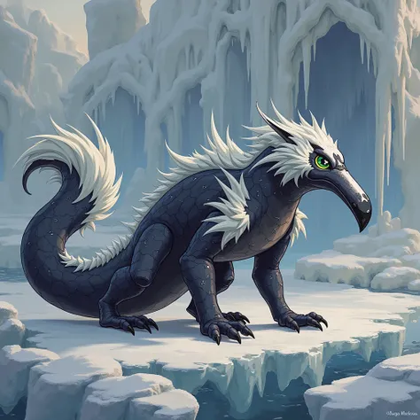 a "Snow Zora", a creature with dark and light colorations, resembling a "Pengator" from a distance. This creature lives in houses made of snow and ice, located near icy waters or on the sides of icebergs.