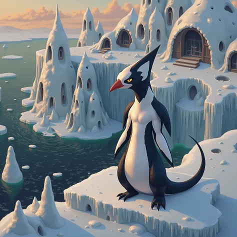 a "Snow Zora", a creature with dark and light colorations, resembling a "Pengator" from a distance. This creature lives in houses made of snow and ice, located near icy waters or on the sides of icebergs.