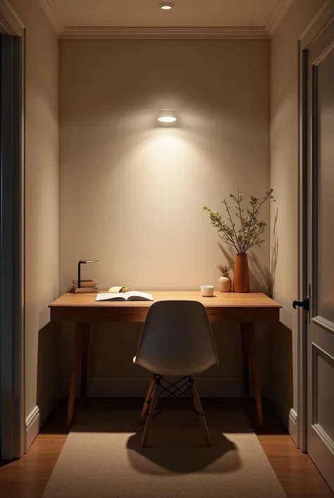 Private home office with a wooden table against the wall (no window)