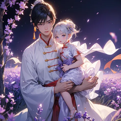 A one-year-old baby boy in an white ancient Chinese baby costume with his beautiful mother, dressed in an ancient Chinese costume, Stroll among the purple lavender fields , There are some floating clouds, playing with each other, with his handsome father s...