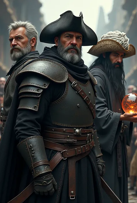 A group of adventurers consisting of a paldin wearing black armor, the paladin is around 40 years old and has gray hair and beard, a pirate, young man of about 30 years old, wearing entirely black clothes and wearing an oriental straw hat and, finally a wi...