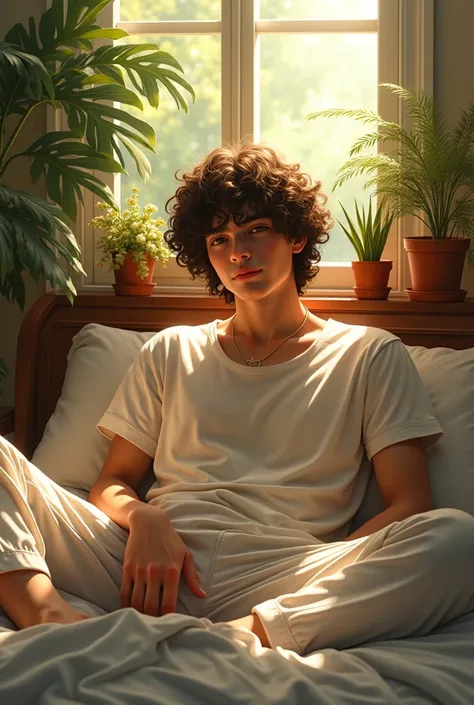 beautiful boy, sitting on bed, wearing loose t-shirt pajama pants, long curly hair, indoors, soft lighting, plants in background, window with sunlight, cozy room, relaxed pose, realistic, intricate details, warm colors, by Greg Rutkowski, by Alphonse Mucha