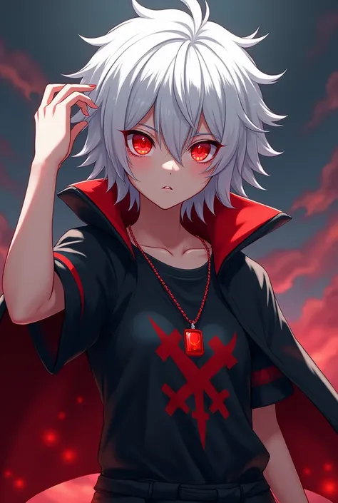 Create an anime character with white hair, an Akatsuki shirt, red eyes and your name.