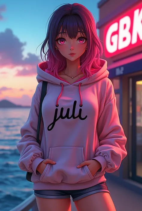 Create anime character;
{background: capital HD text: “GLBK” in right-top, sea}, tanned skin,
realistic, HDR, beautiful, korean style, full body, age 20, hoodie HD text: “JULI”, female, gradient hair, long hair, big boobs size