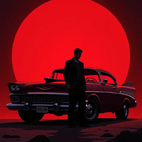 Black shadow of a man putting gas in his classic cartoon style car, Vice City GTA, deep red background with red moon