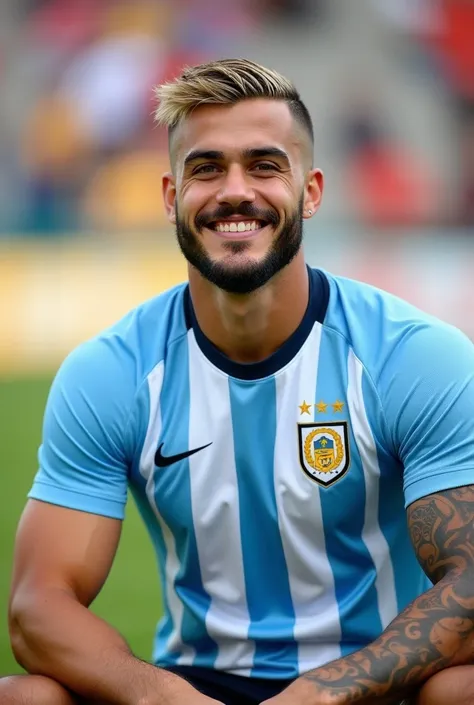 Young man Blond white skin brown eyes lips *thick body* Athletic masculine energy and sexy black hair shaved on the sides with a gradient and braids defined chin trimmed beard colorful tattoo wearing a light blue and white stadium sitting on the grass wear...