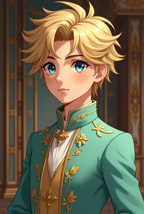 Young prince (2), heir, blond hair, blue eyes, innocent, mint and golden royal apparel, more like anime style