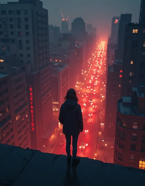 A person overlooking a street with people on it from the top of a building. No faces. Starry, smoky, and powdered (all minimal) theme with a little touch of red.