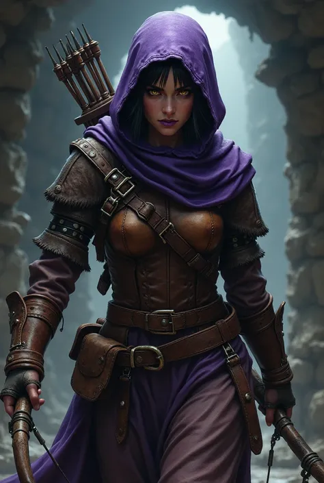 A female ranger wearing brown leathers with a purple hood, detailed yellow eyes, purple lipstick, short  black hair swept back and tied back. She has an intense dangerous expression and smile. she holds a pair of small hand crossbows in each hand. Show her...