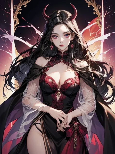 Create an image of Zeraphine, a vampire from the Damonia clan and mother of Jendral, living in the forbidden Serpent forest. Despite her devilish reputation, she should be depicted as kind-hearted with an enigmatic charm. Zeraphine has a striking and other...