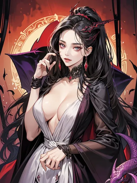 Create an image of Zeraphine, a vampire from the Damonia clan and mother of Jendral, living in the forbidden Serpent forest. Despite her devilish reputation, she should be depicted as kind-hearted with an enigmatic charm. Zeraphine has a striking and other...