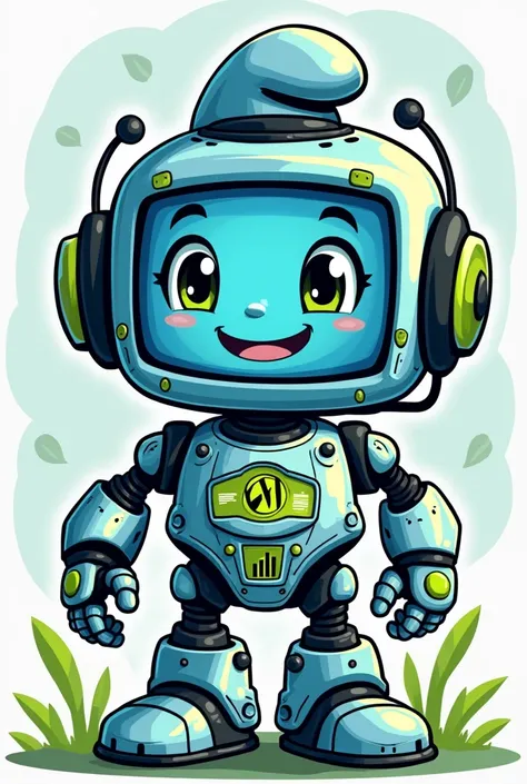 Create a cute and trendy mascot image for a school scavenger hunt, incorporating elements of technology and education. The mascot should be a friendly robot with a light blue body and a screen for a face., showing a friendly smile and big eyes. Add technol...