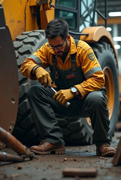 Technician performing articulation pin change on loader shovel 
