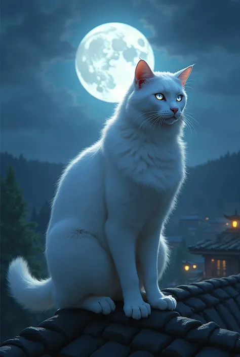 *Orion, the White Cat:**
   - "A majestic white cat with human body with fur as pure as snow and sapphire-blue eyes, standing on a rooftop under a full moon. The background shows a small village nestled in a forest with shadows of trees and the faint glow ...