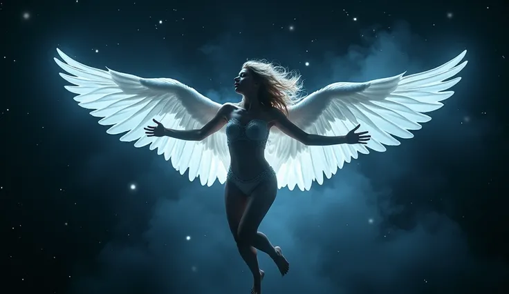 Angelic Diva in Midnight Flight: A seductive angel with pure white wings and a revealing outfit soars through a dark, starry sky. The intense dark dubstep beats pulse through the scene, with the angels ethereal glow creating a striking contrast against the...