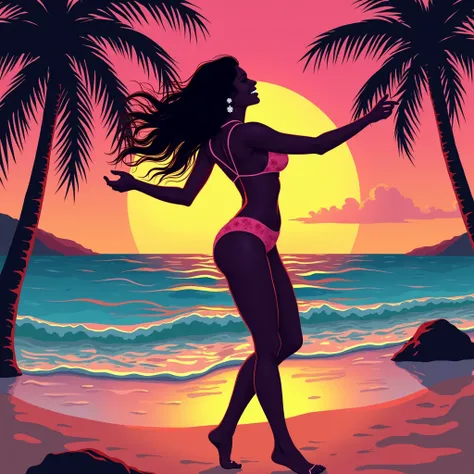 Black shadow of a latina woman dancing on the beach latin cartoon style, Vice City GTA, happy and party background