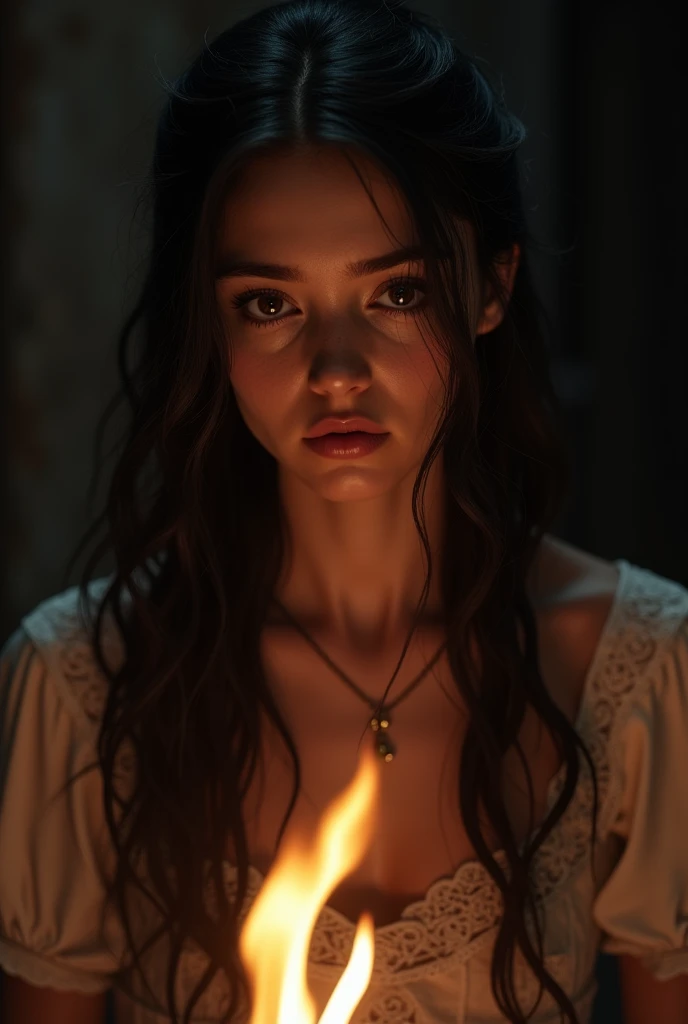 Create a dark-haired woman who is around 40 years old who is in the medieval period with a sad look looking forward with a firelight illuminating her front