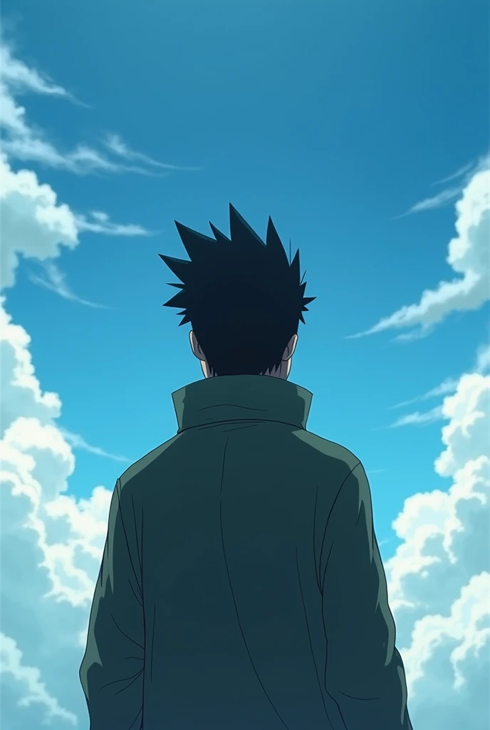 Create an image of the Naruto Shippuden character Shikamaru Nara from behind, with the background of a sky 